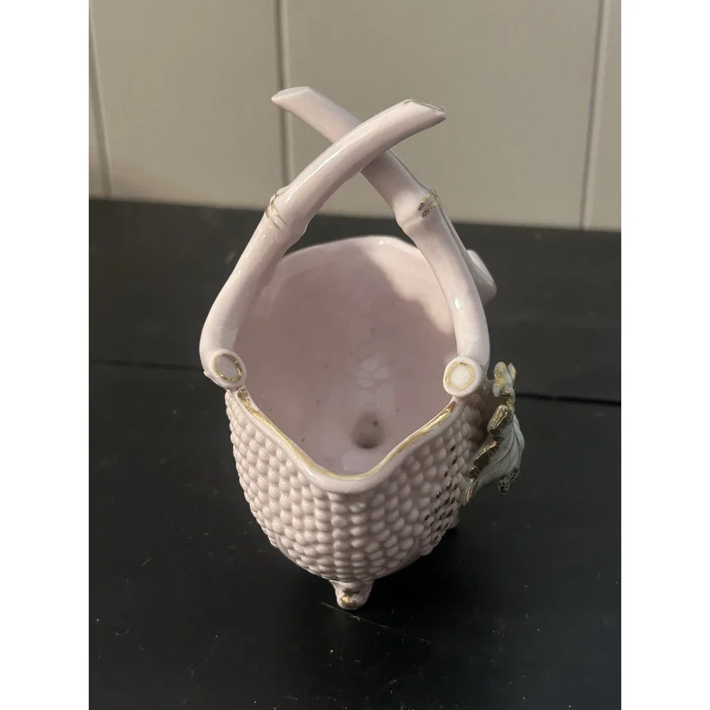 Vintage L&M Lipper & Mann Pink Porcelain Basket Floral Gold Trim Handled Decor